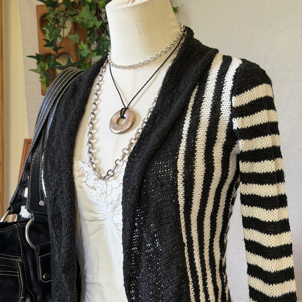 Emo Grunge XS Black White Striped Open Front Draped Cardigan Sweater Knit Y2K - Picture 5 of 5